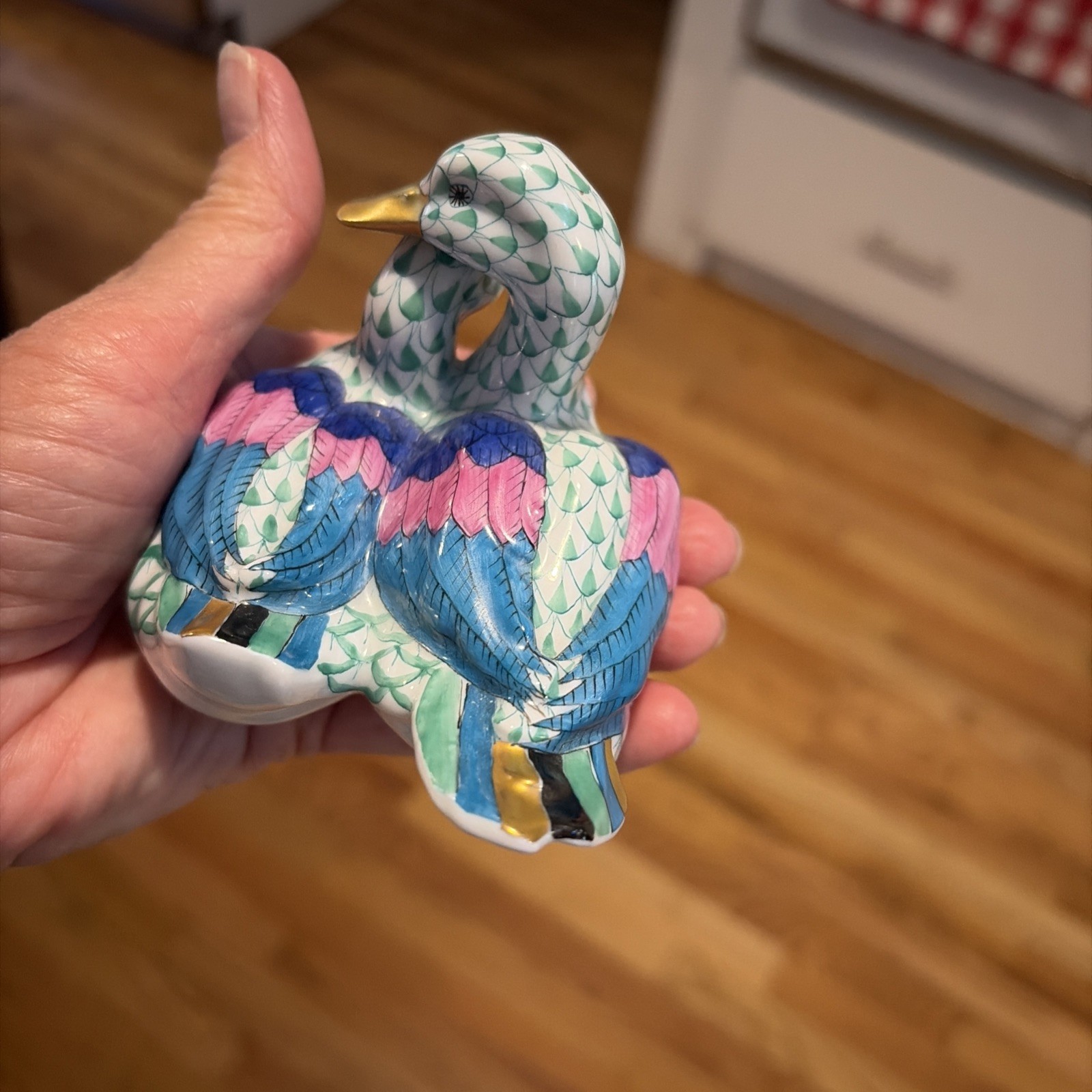 Herend Porcelain Green Fishnet Courting Ducks 5036 150 Year Anniversary Figurine