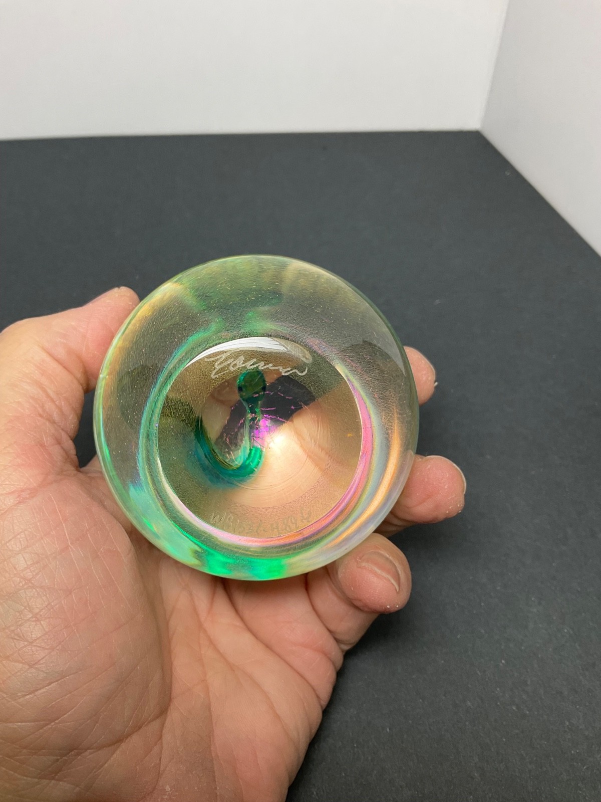 3” Correia 1989 signed art glass crystal & aqua 3-D snake paperweight