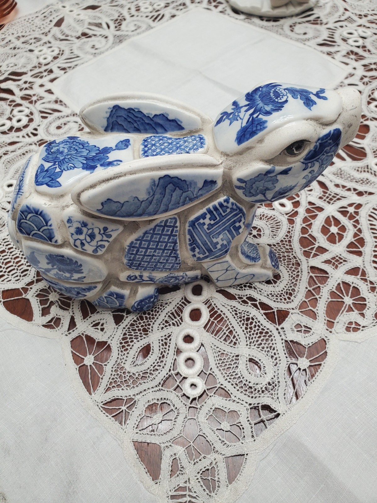 Vintage Nancy Lopez 1980 Blue & White Ceramic Mosaic Rabbit-” Gorgeous piece”