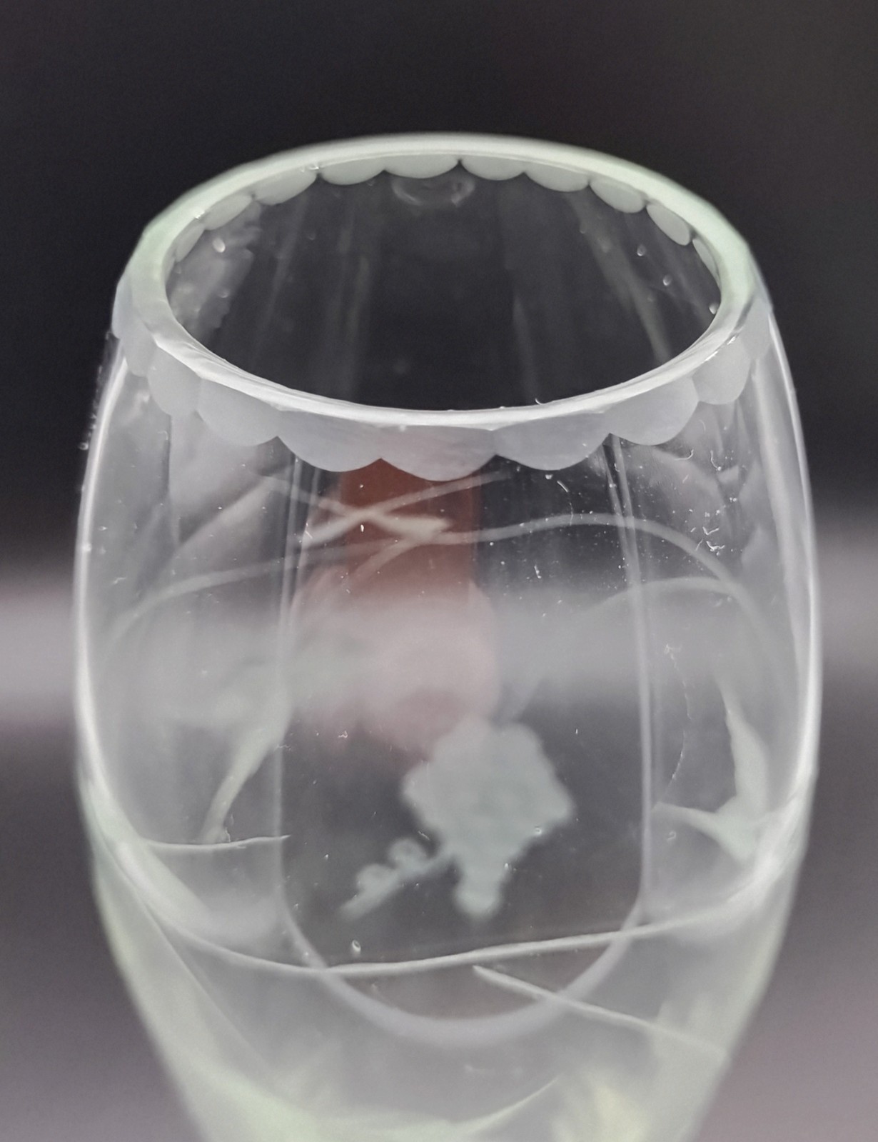 Vintage 9″ Etched Glass Footed Vase with Grape Vine Wheel Cut Rim and Base