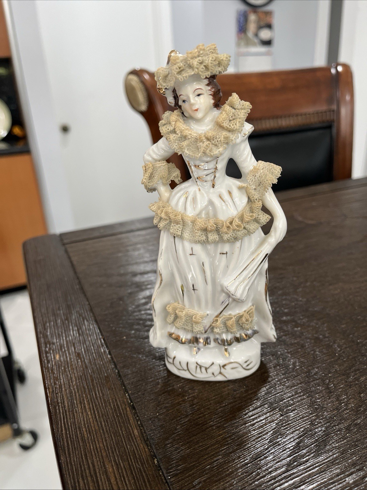 Porcelain Lady Figurine Woman in White Lace Dress made in occupied Japane