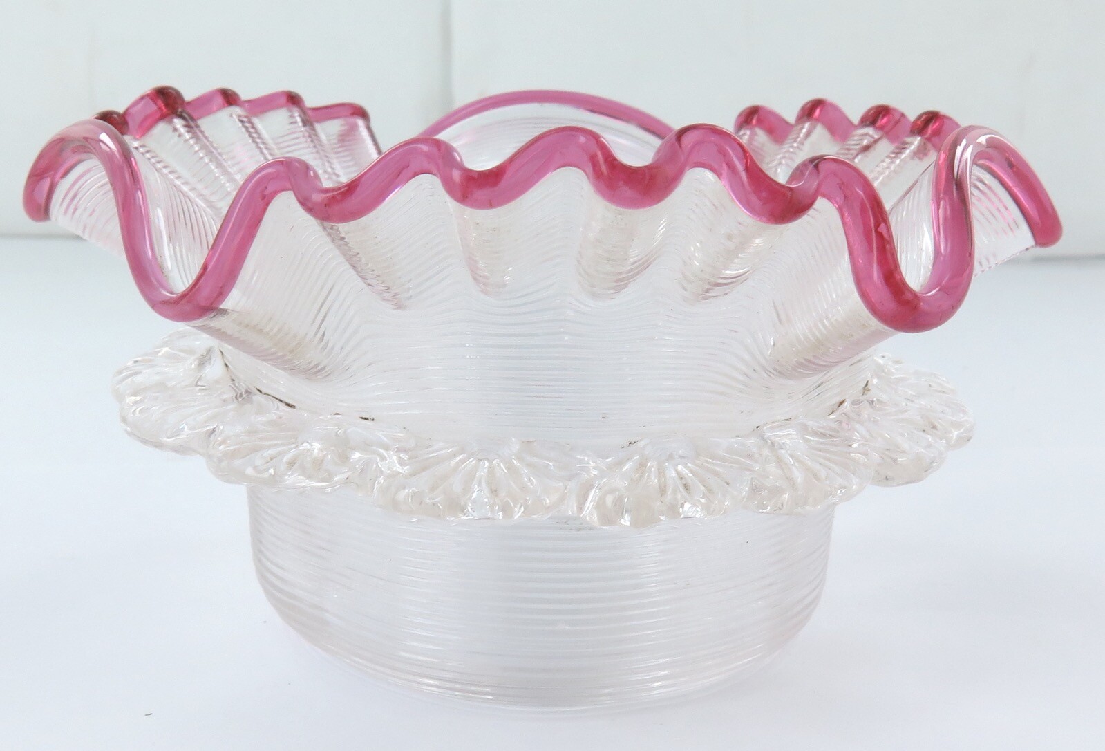 Late Victorian / Edwardian Threaded & Ruffle Glass Small Bowl with Cranberry Rim