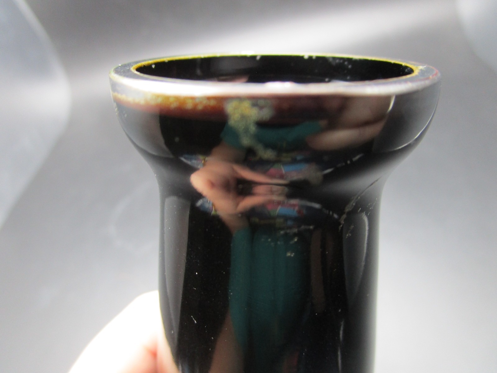 Czechoslovakian Black Glass Vase With Hand Painted Silver & Gold Overlay-worn