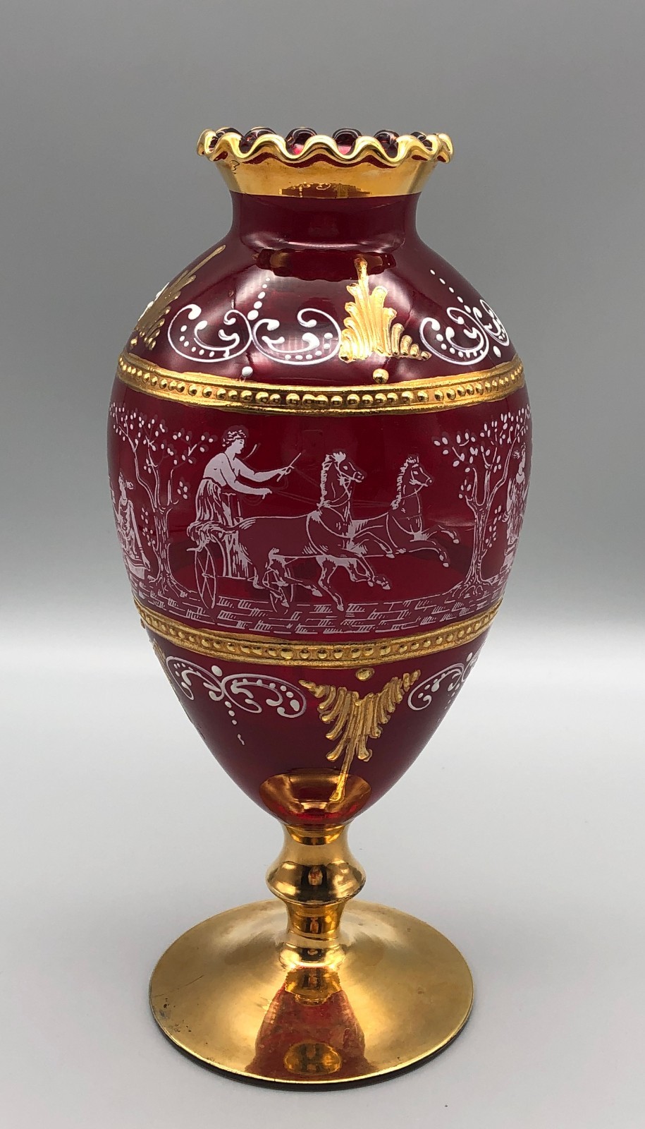 Vintage Salviati Murano Venetian Red Art Glass Vase Gold White Horse Chariots