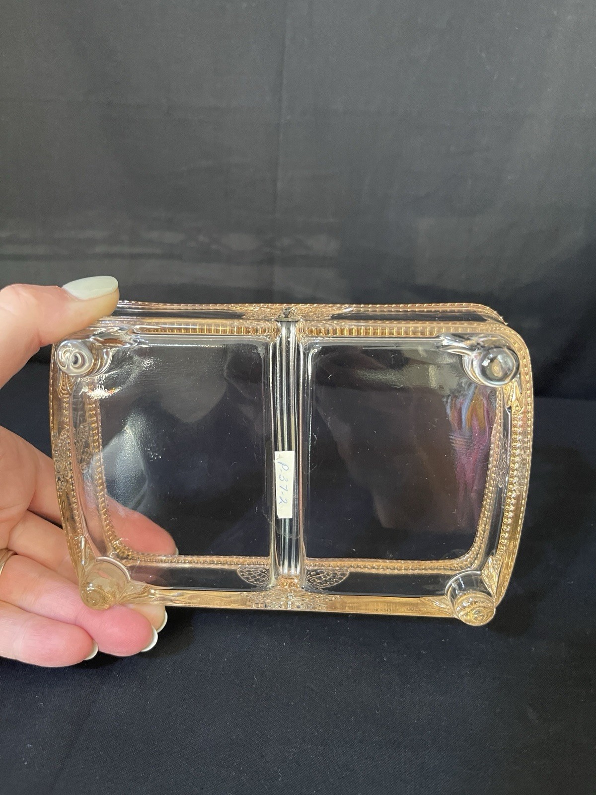 Vintage Jeannette Glass Butterfly Clear Cigarette Box Gold Trim Beaded Footed