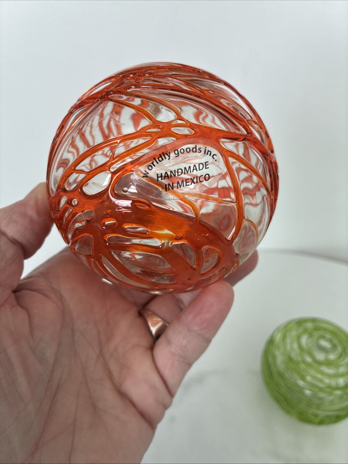 Mexican Art Glass Orb Balls Handblown Worldly Goods Mexico Orange Green