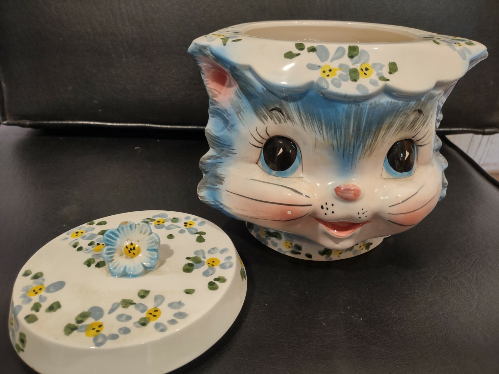 VINTAGE 1950’s Miss Priss Blue Kitty Cat Ceramic Cookie Jar Lefton Japan 🐱🍪