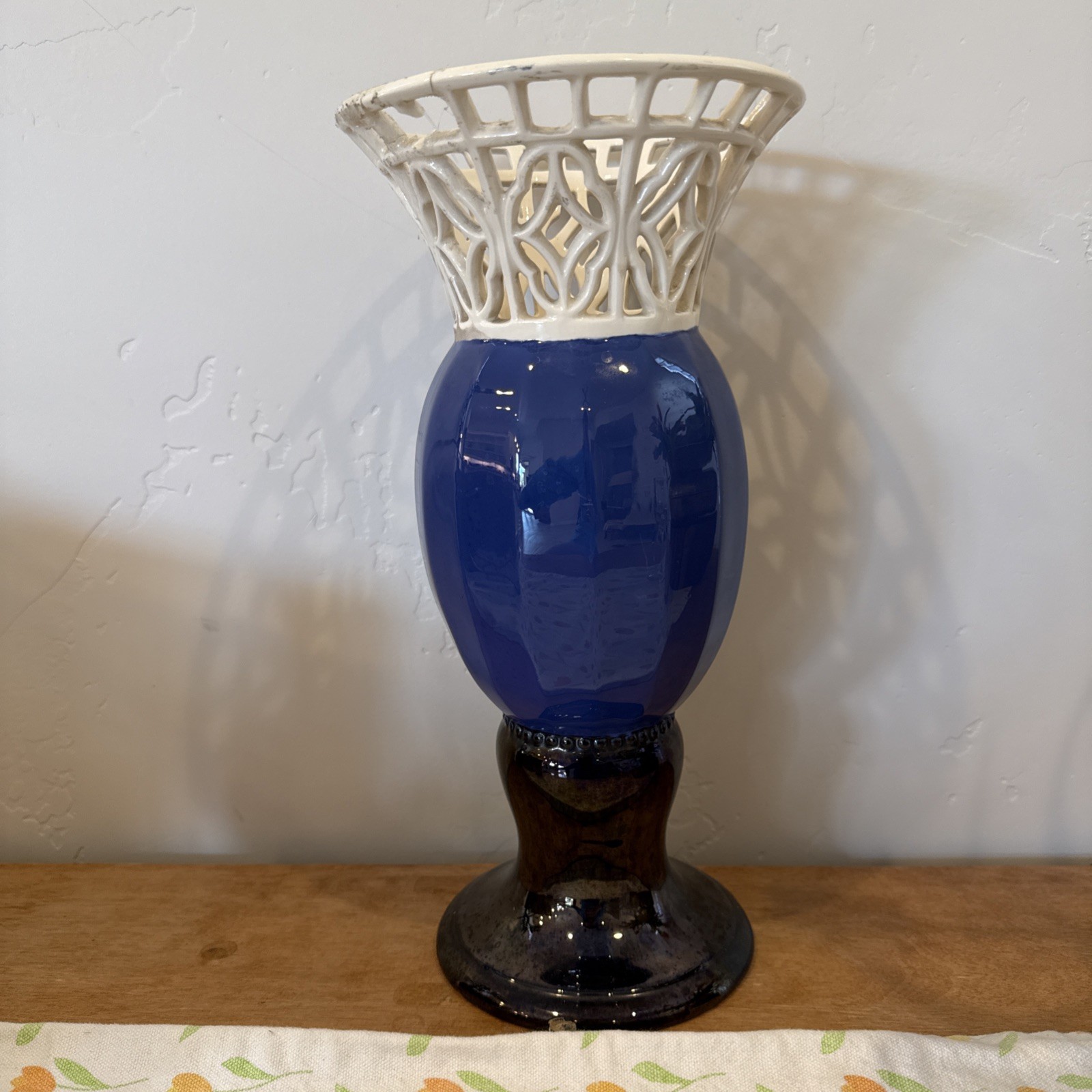 Eichwald 405 Art Nouveau Majolica Vase 20th Mid Century Blue Ornate White