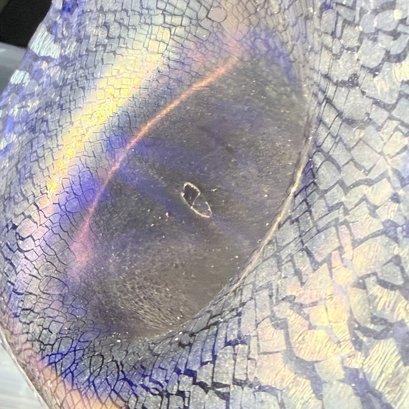 Studio Art Glass Calla Lily Vase Blue Iridescent Orange Swirl 11” Gorgeous!