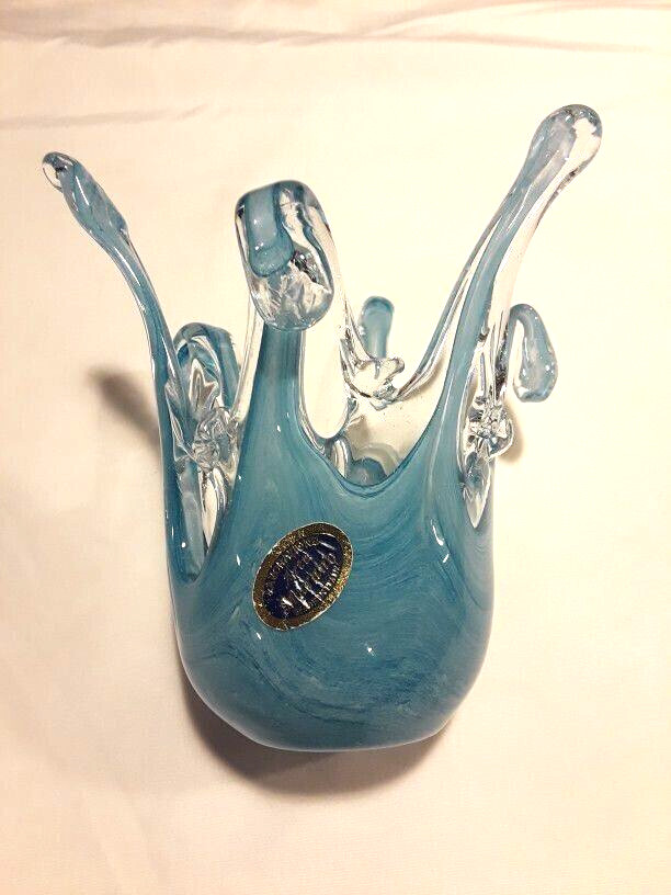 Stunning Murano Glass Freeform Basket/Votive Hand Made In Italy Blue Swirl 6″x6″