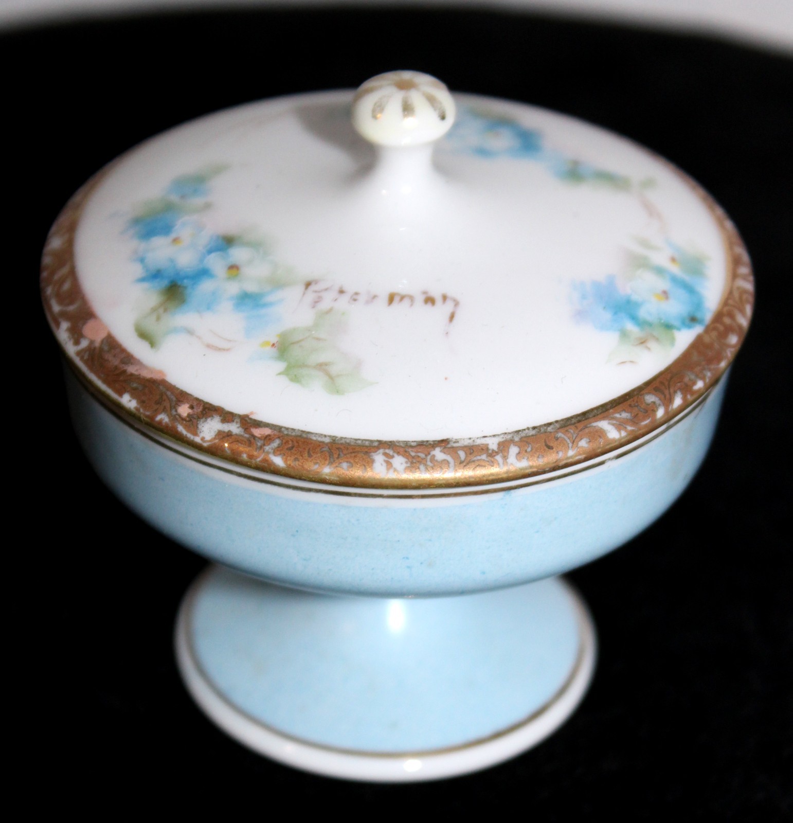 Nippon Porcelain Compote Dish Blue Flowers Signed Blue Sun Logo