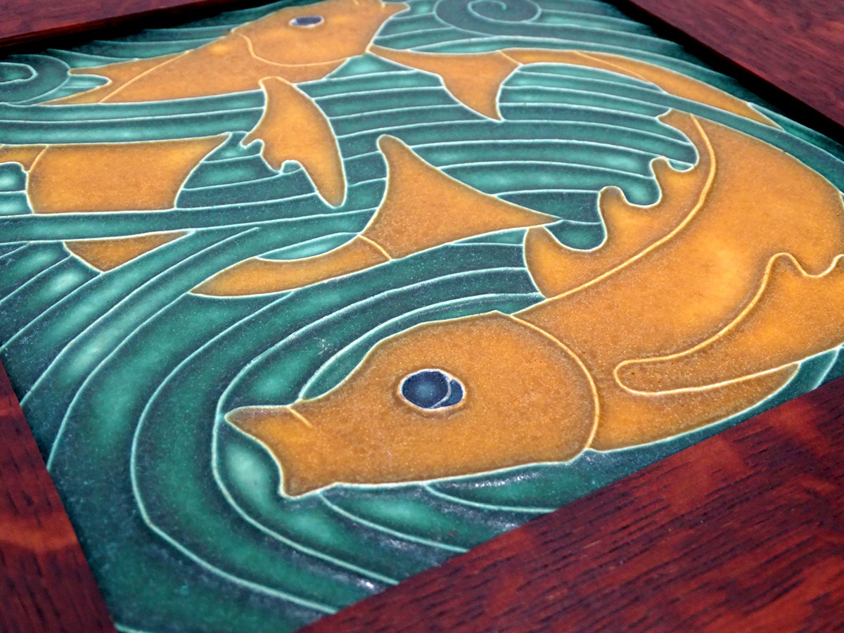 STUNNING! MOTAWI TILEWORKS Nouveau ARTS CRAFTS Framed STYLIZED FISH Pottery Tile