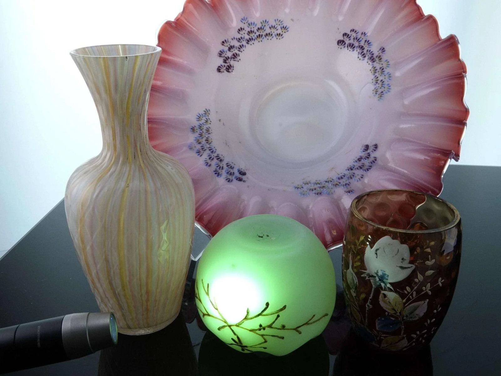 c1890 Victorian Art Glass Collection, Rainbow blown mold vase, Brides bowl, Uran