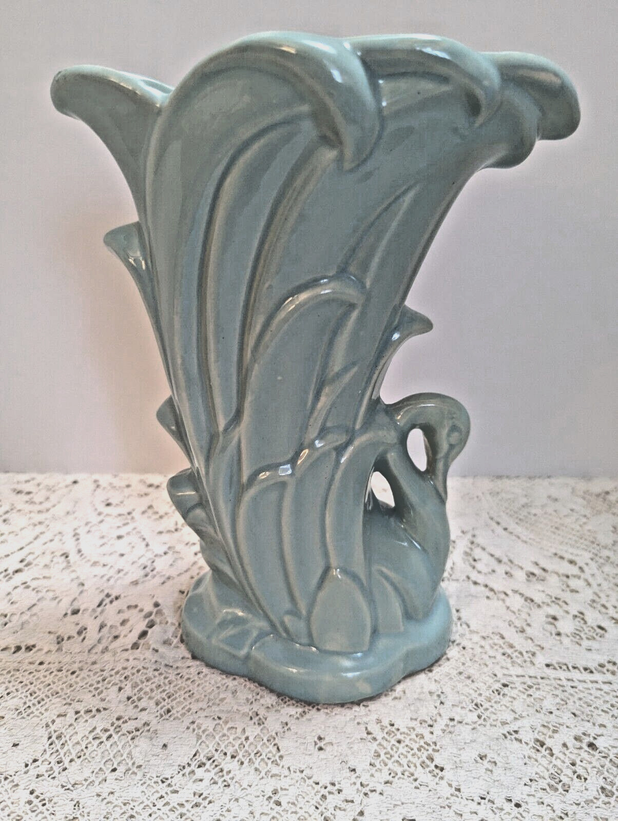 McCoy Pottery Matte Turquoise Swan Vase Vtg Classic 9.25 In.