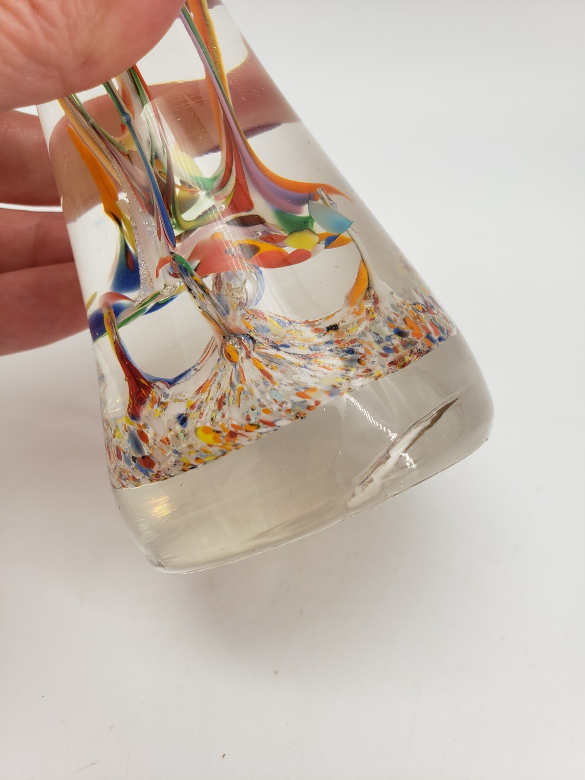 Art Glass Golden Crown Obelisk Busy Color Swirled Paperweight 4.75in tall