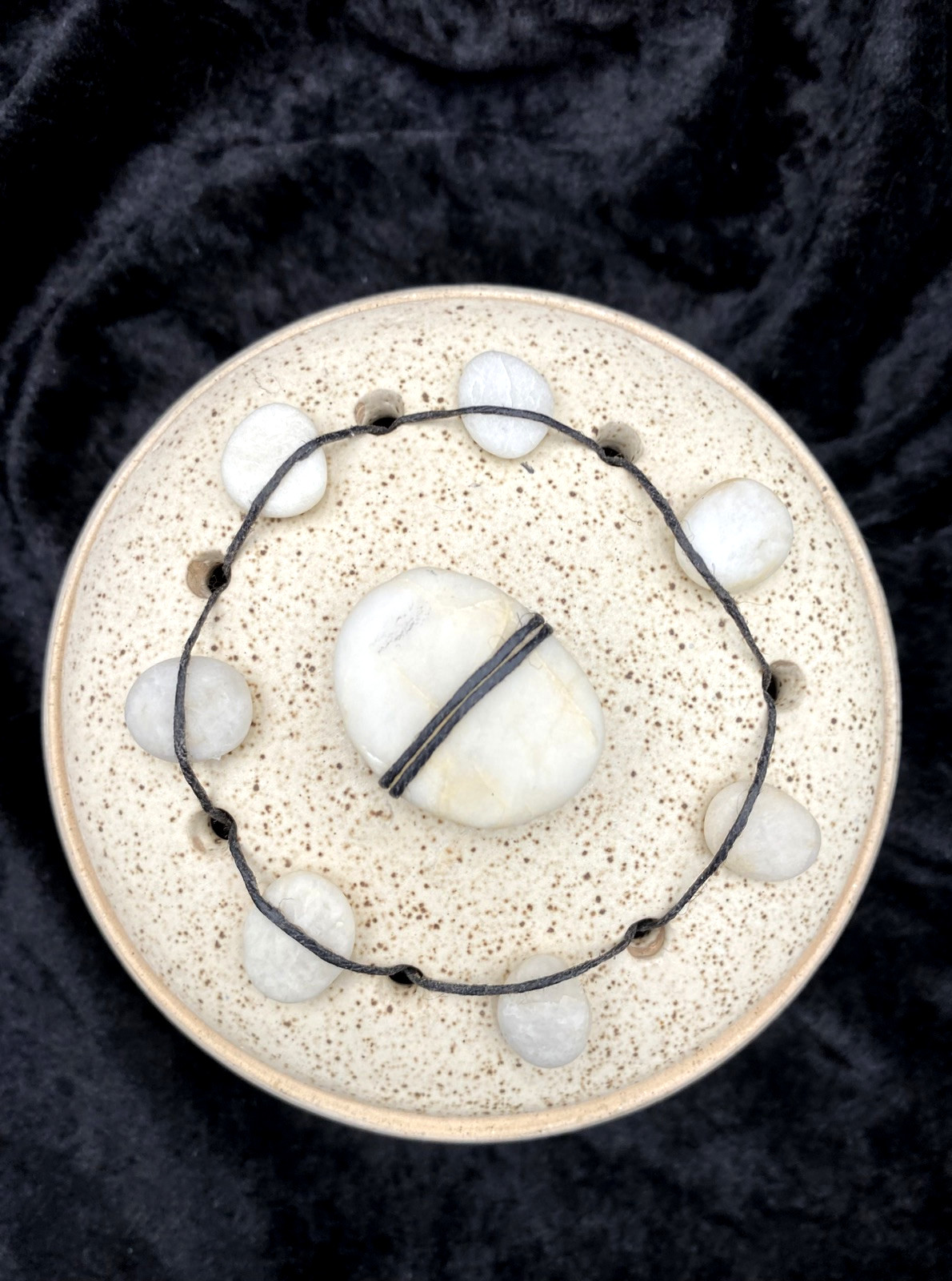 Studio Pottery Stoneware Trinket Lidded Dish w/Corded Polished Stones, Signed