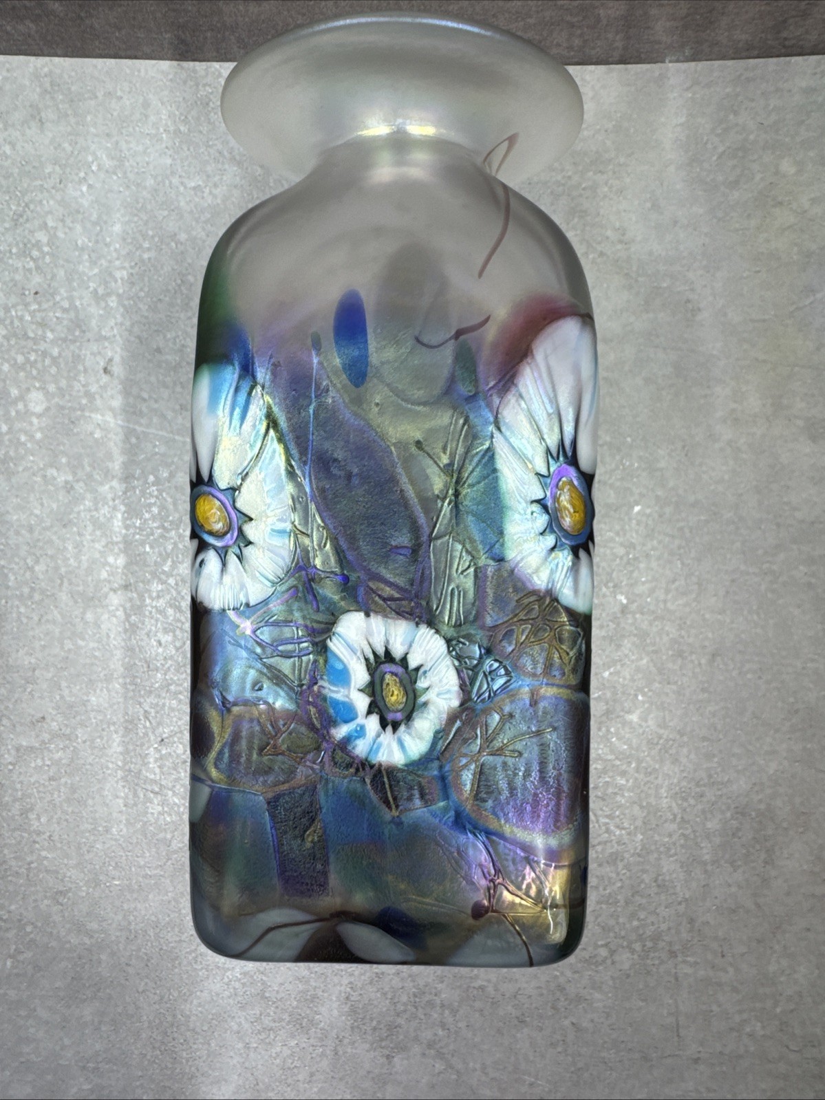 Herb A Thomas Art Glass Vase Iridescent Blue Purple w/ Floral Flowers 6” Signed