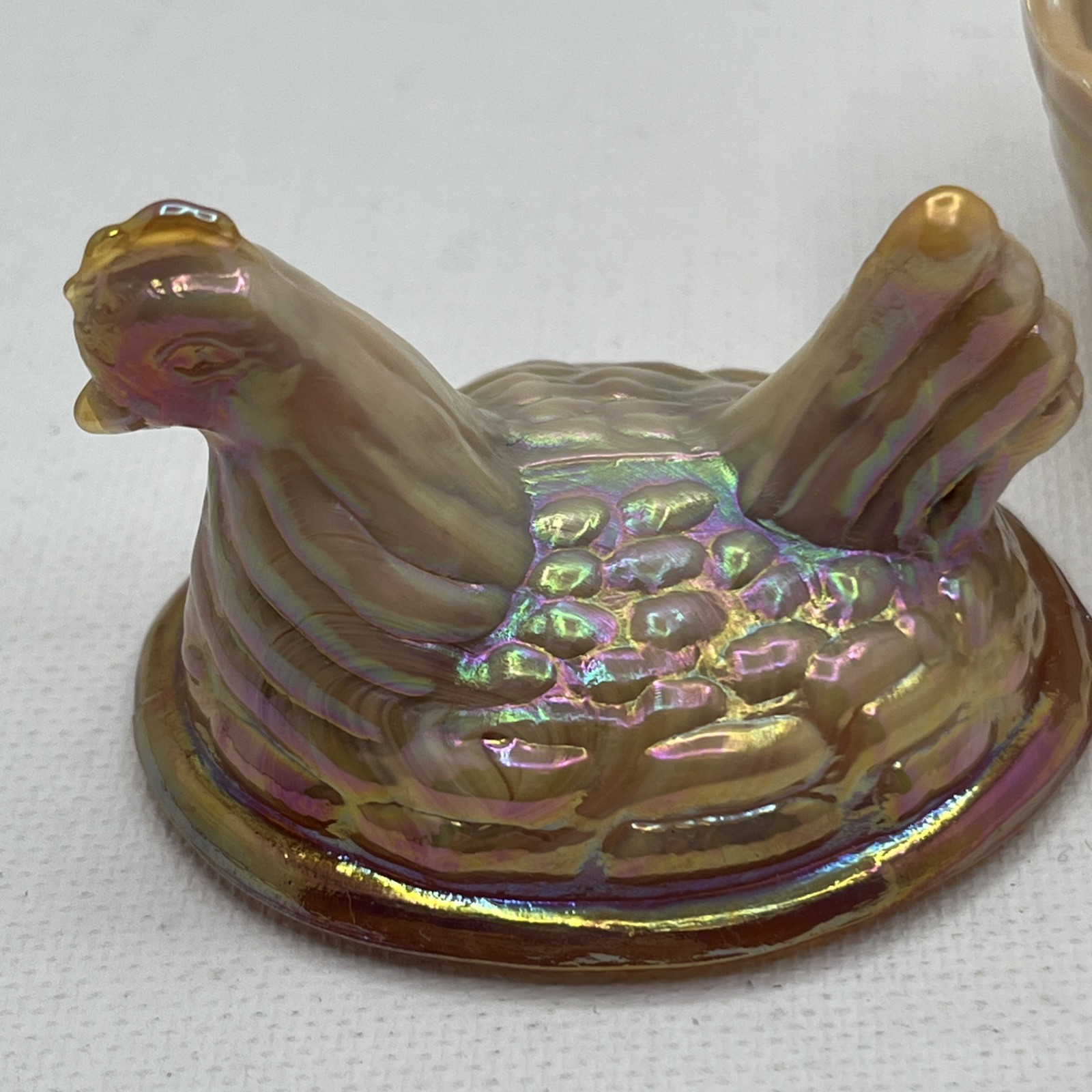 Hen On The Nest Summit Peach Opalescent Glass W/ Marigold Carnival Iridescent