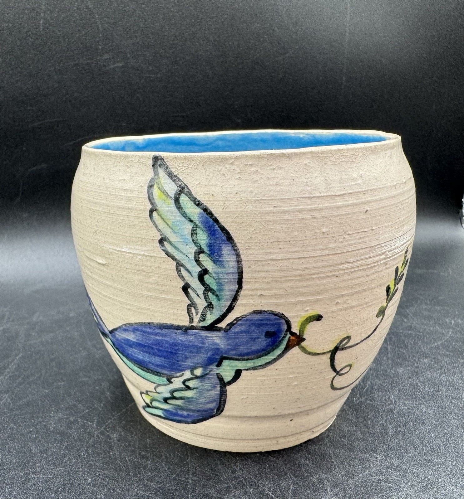 Art Pottery Hand painted Blue Birds Planter Pot Coral Floral Signed {Is} 4” W