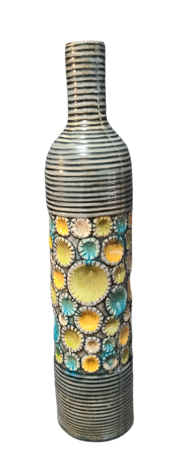 Mid-Century Modern Multi Color Patch Work Pottery Bottle Vase 18” High