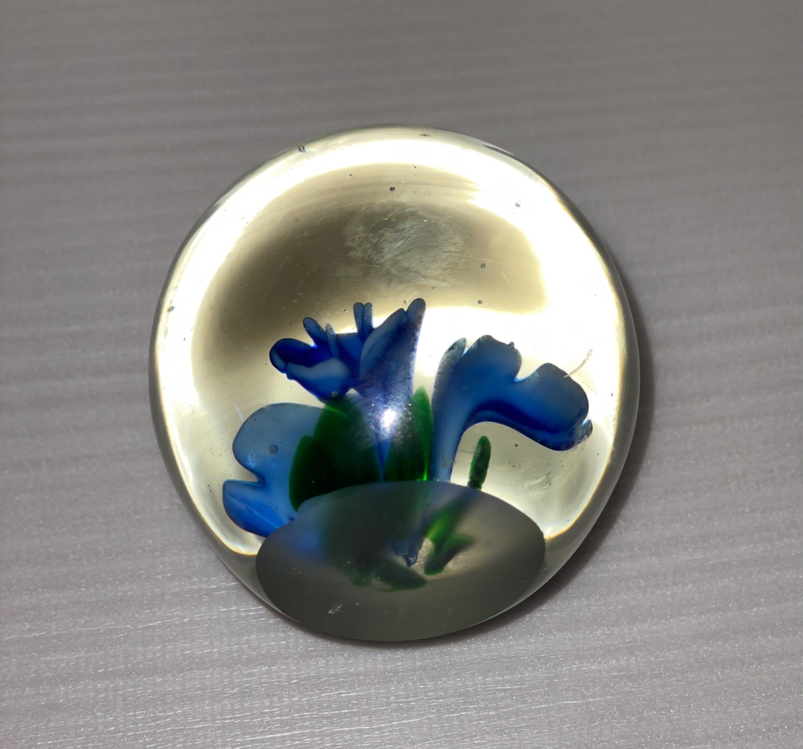 Art Glass Paperweight with Blue Flower Encased in Clear Glass – 3” Vintage