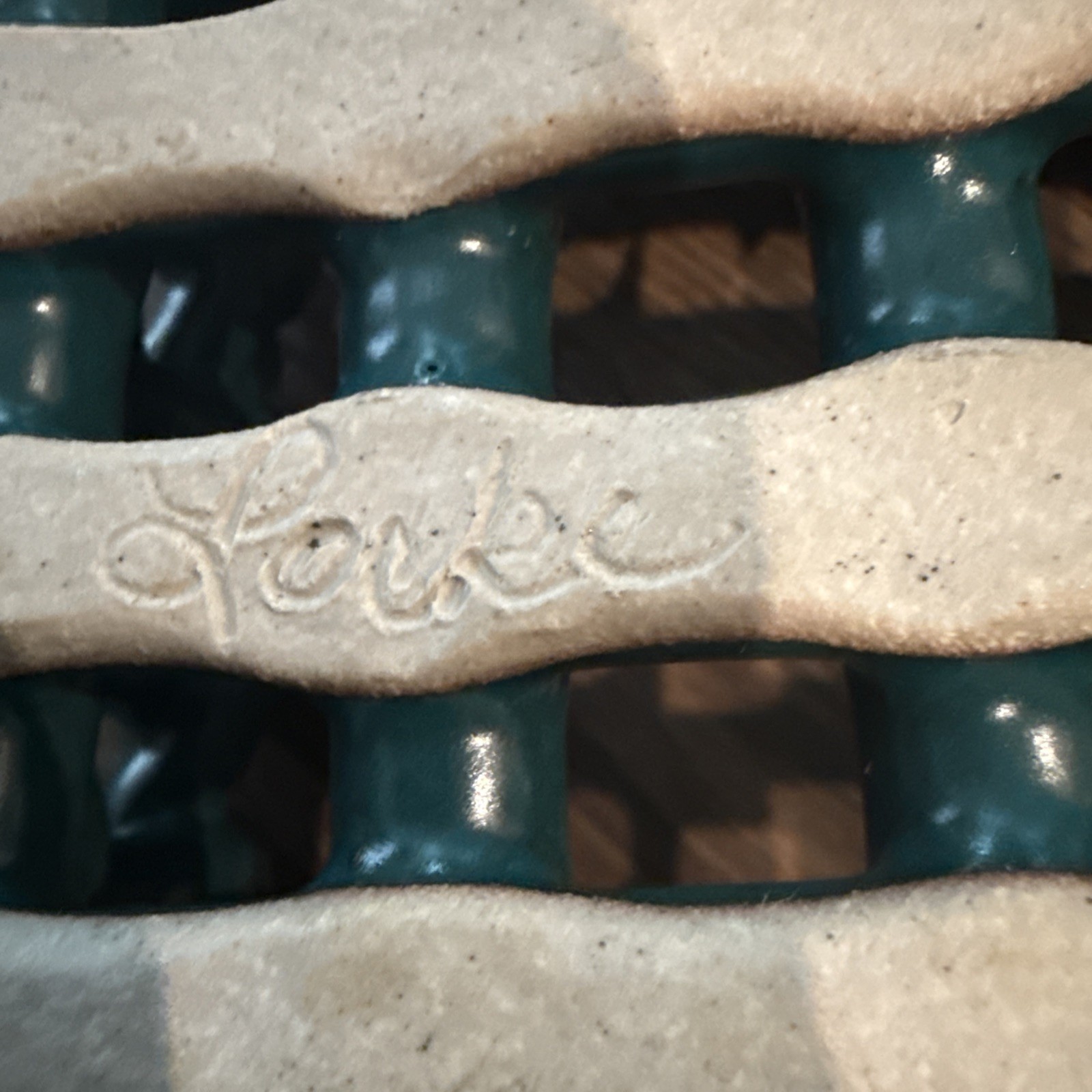 Green Teal Rectangle Lattice Cottagecore Bread Fruit Basket Signed Pottery