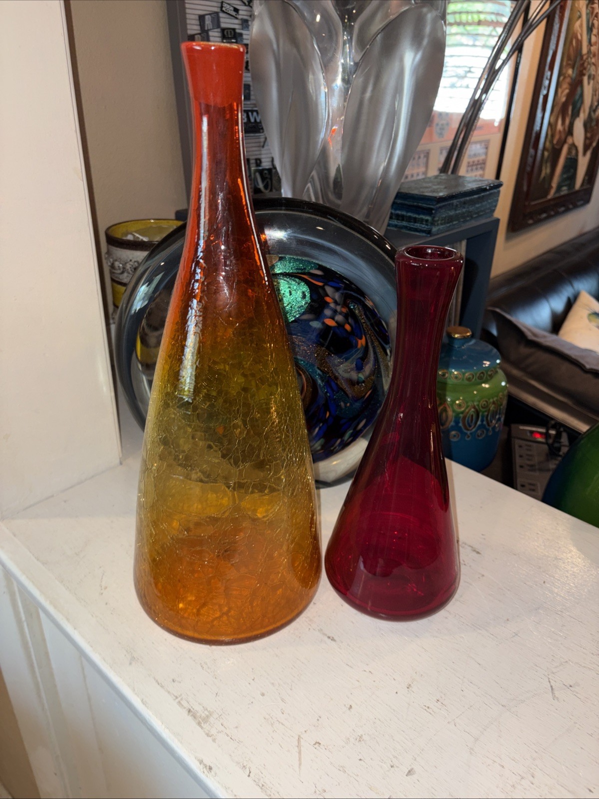 Large Vintage Blenko Crackle Glass Hombre Decanter & Red Vase Hand Blown