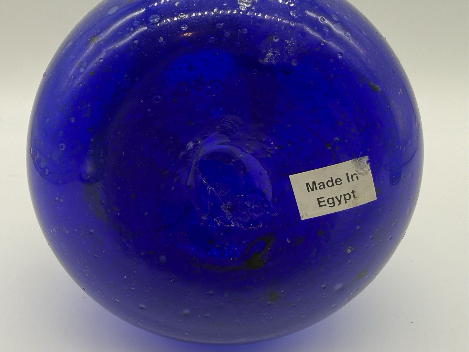 Cobalt Blue Hand Blown Mottled Glass Vase 7” Tall Applied Coil Made In Egypt