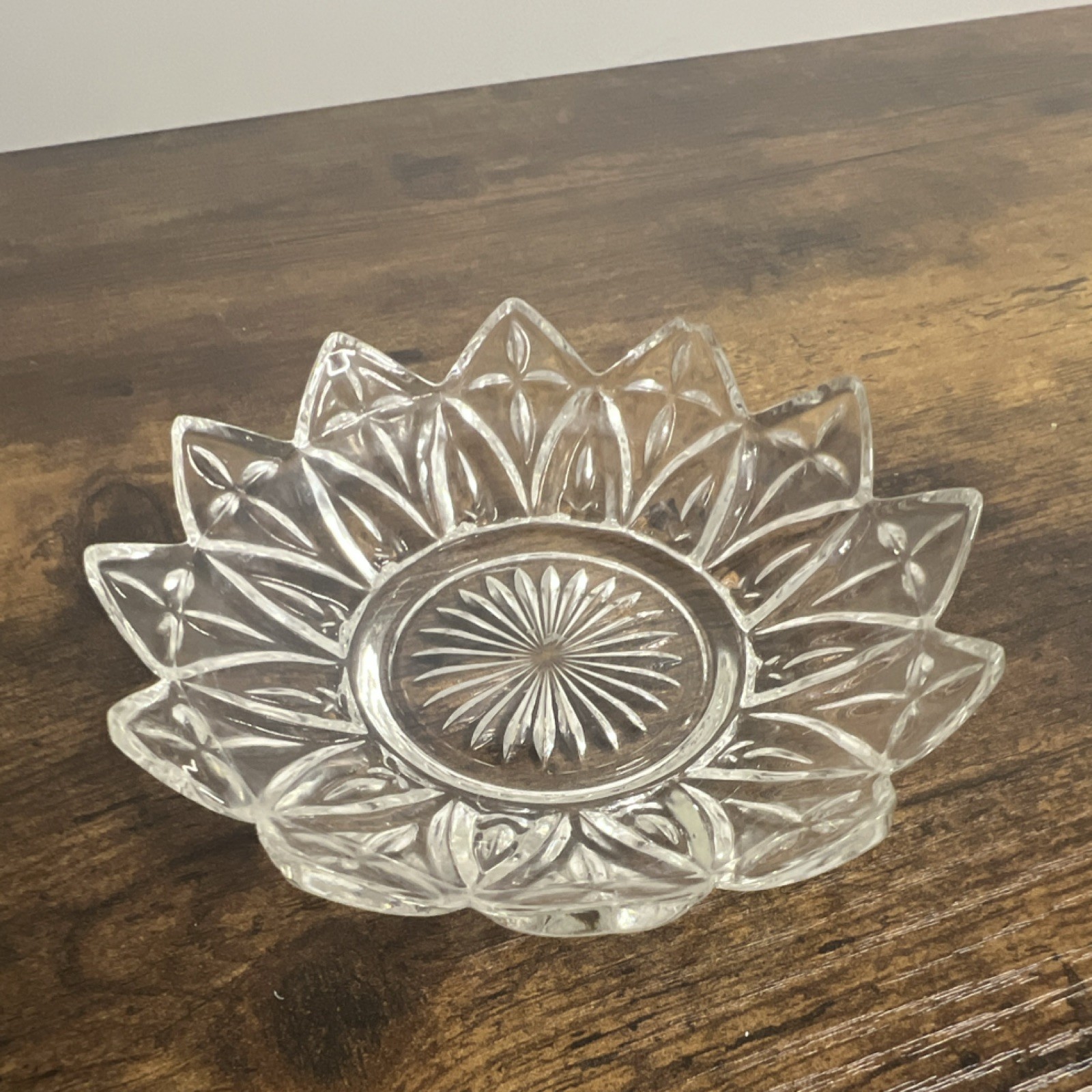 Clear Pressed Molded Glass Round Flower Ashtray with Sunburst Center
