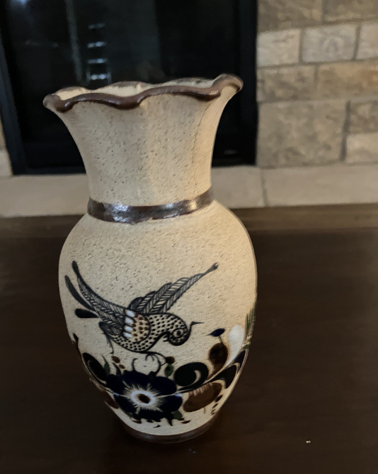 Handmade-Pottery-Artistic Painted Flying Bird Over Flowers-Signed by The Artist