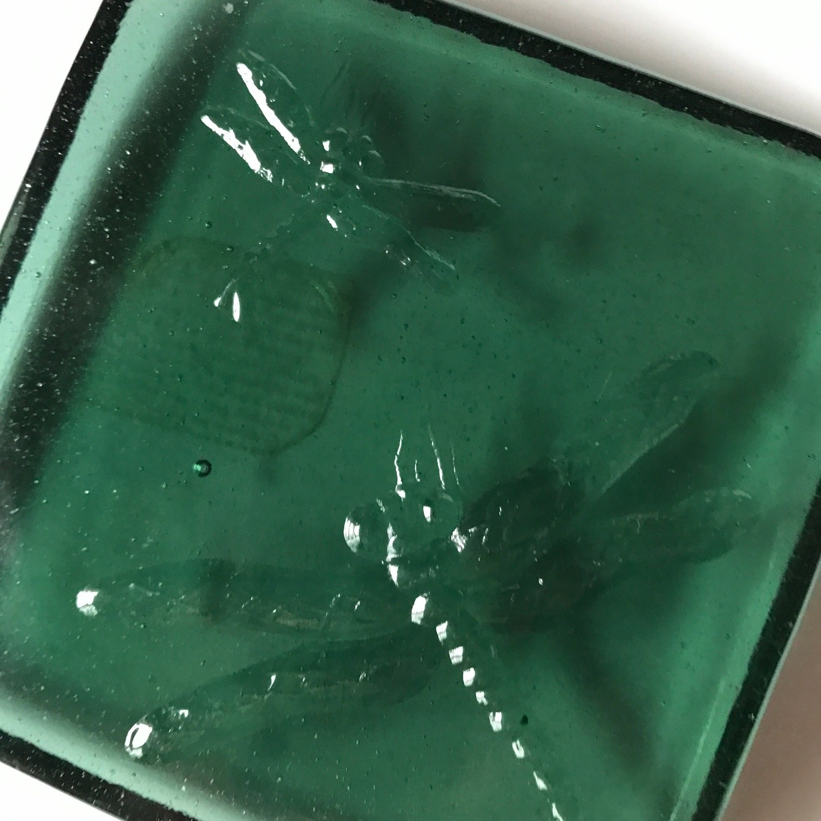 Green glass dragonfly candle holder / paperweight / tile 5.5″ square
