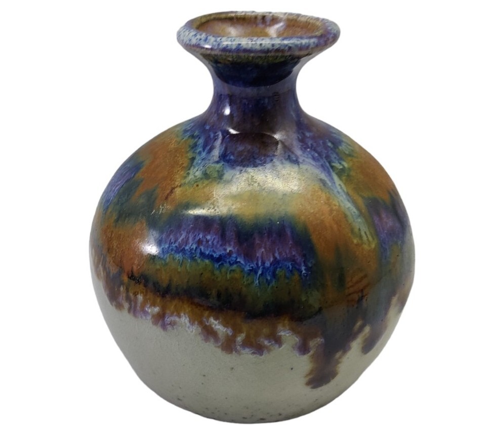 Studio Art Pottery Modern Flambe Bud Vase Pot Purple Brown Signed