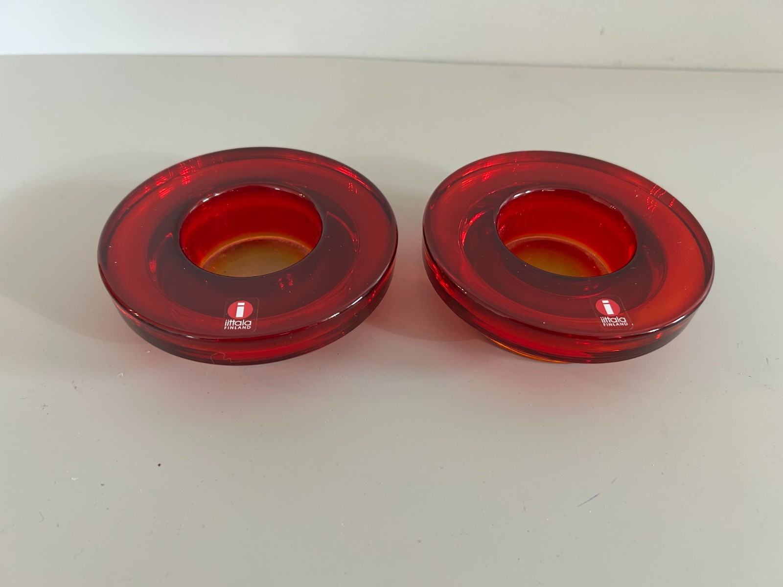 iittala Glass Tea Light Candle Votive Cranberry Finland Golden Bottom Set of 2
