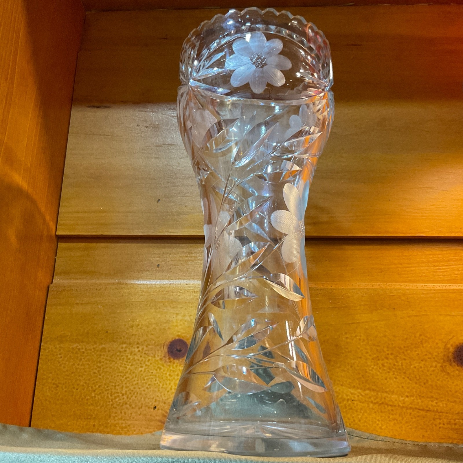 VTG American Brilliant 12″ Spiral HandCut Bulbous Crystal Glass Statement Vase