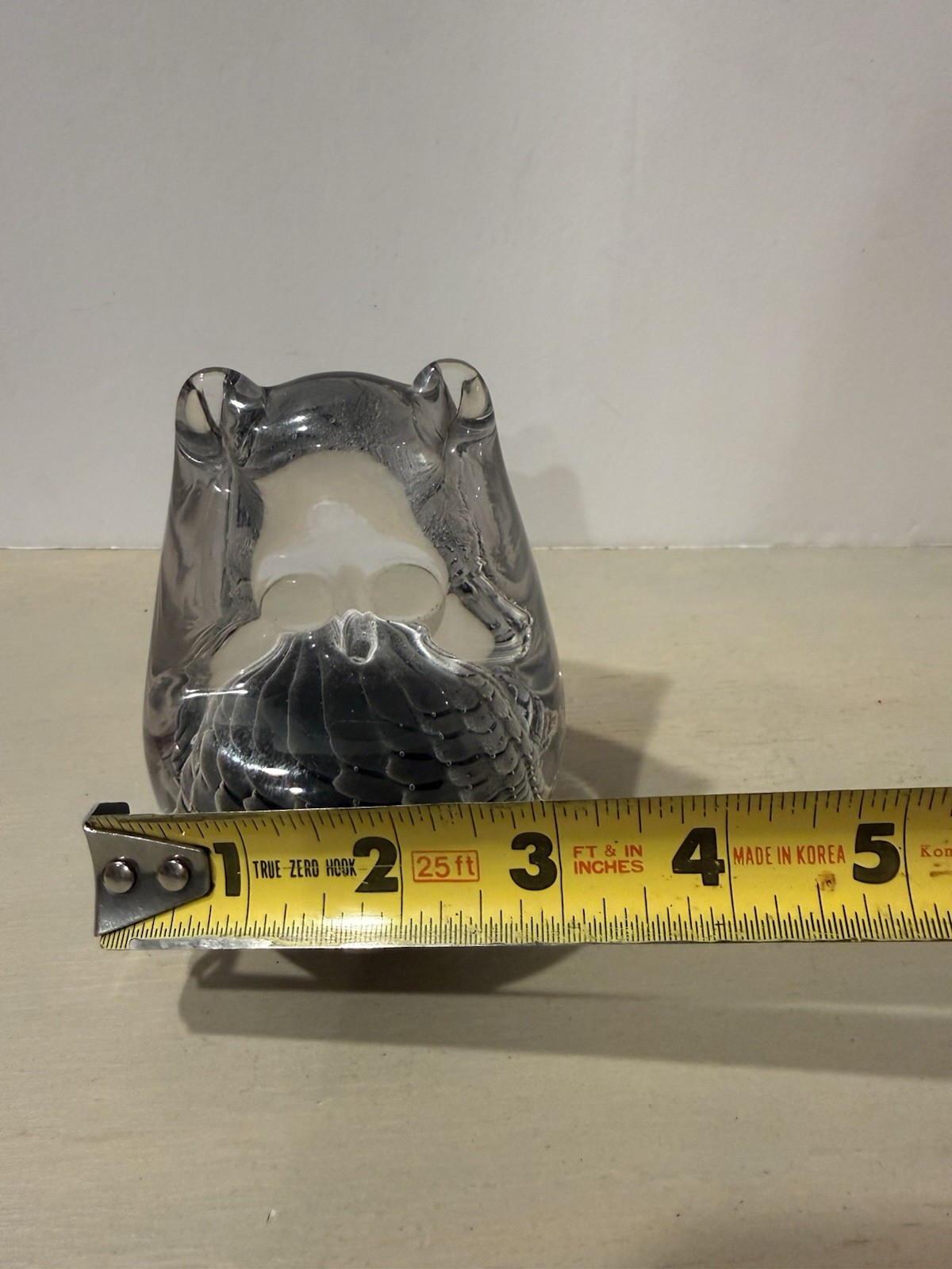 Vintage Art Glass Owl Paperweight – Controlled Bubble Murano Style – Gray Clear