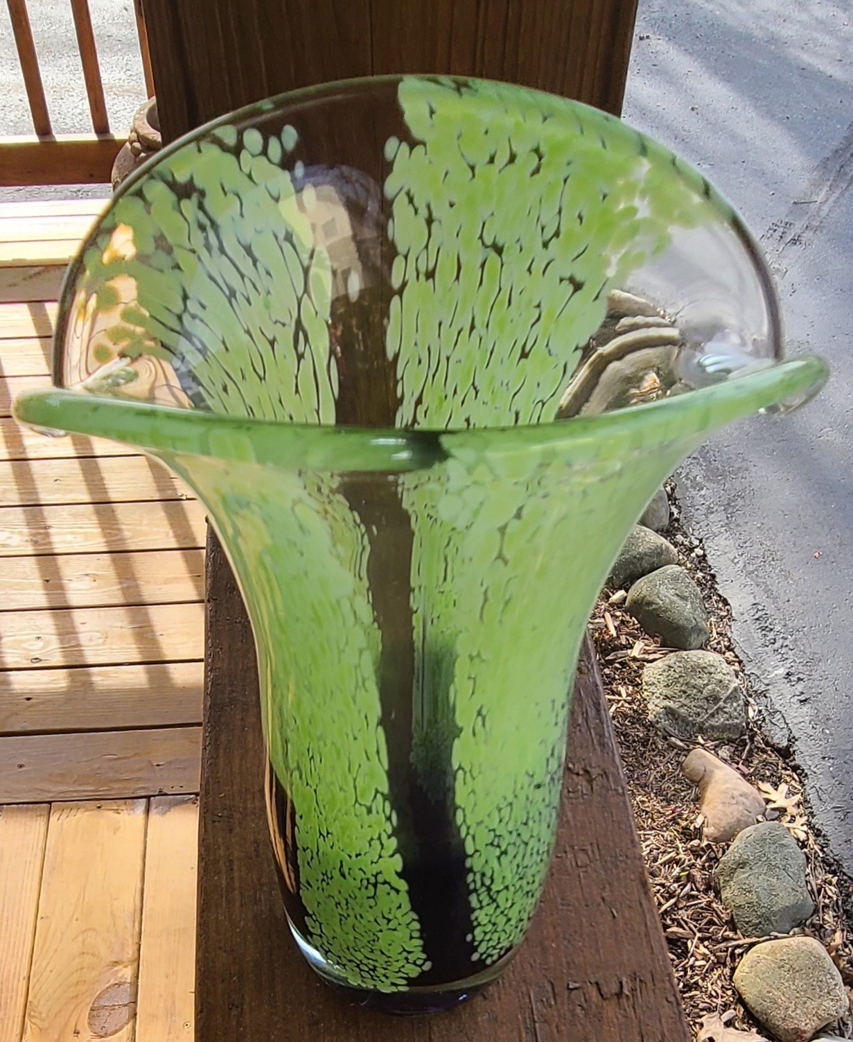 Heavy Hand Blown Art Glass Vase 8” Green Black Murano Style Flared Rim 2lb 11oz