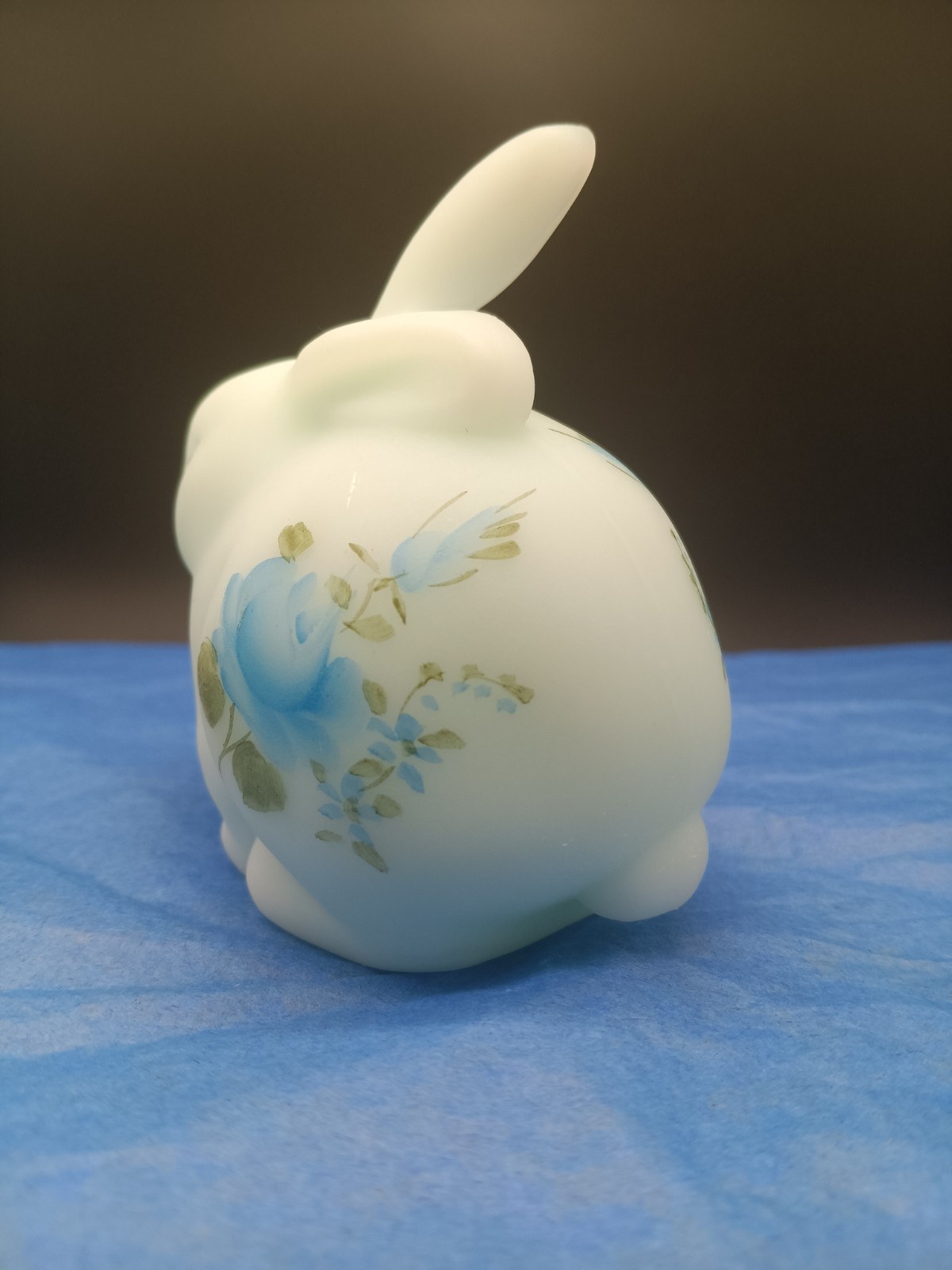 Fenton Hand Painted Signed Blue Satin Glass Rabbit Figurine