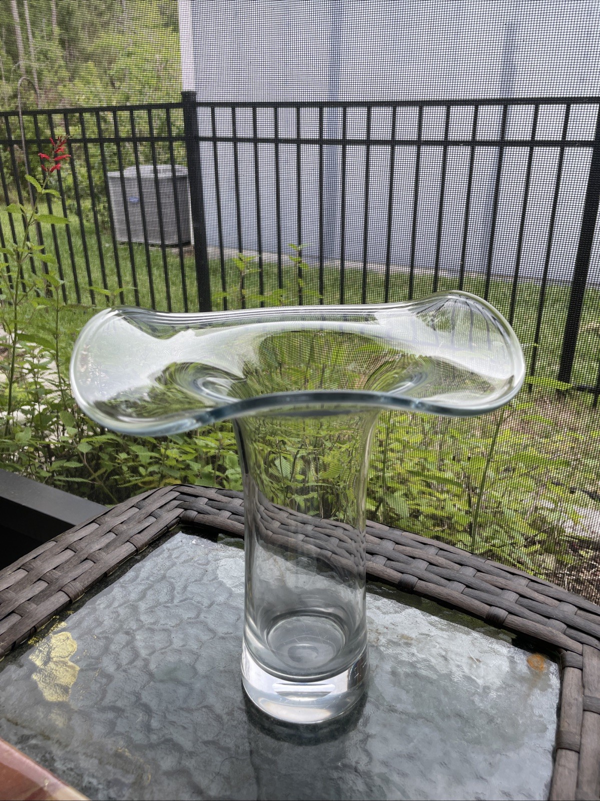 hand Blown Clear Glass Vase, MCM Ruffled Scalloped Top