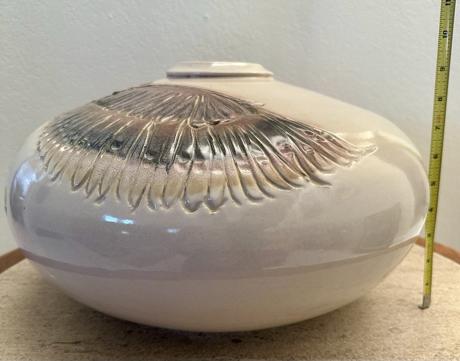 Studio Ceramic Pottery “Golden Eagle” Large Art Vessel Signed 14”D Wildlife Bird