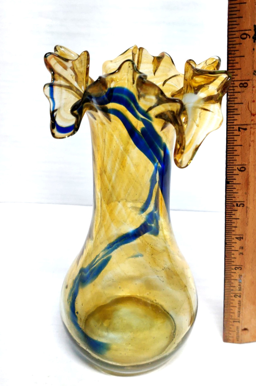 Hand Blown Ruffled Edge Swirl Pattern Art Glass Amber Blue Multicolor Vintage