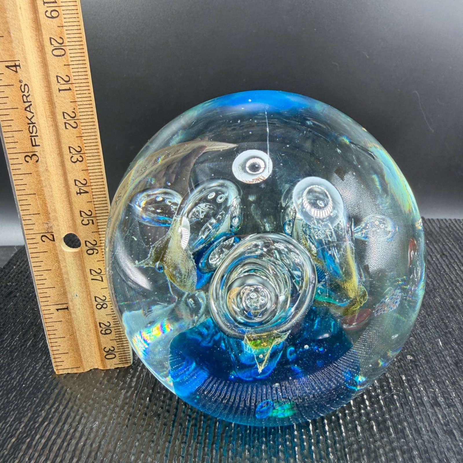 Art Glass Paperweight Controlled Bubble Blue Swirl Orb 3 Inch Sphere Hand Blown