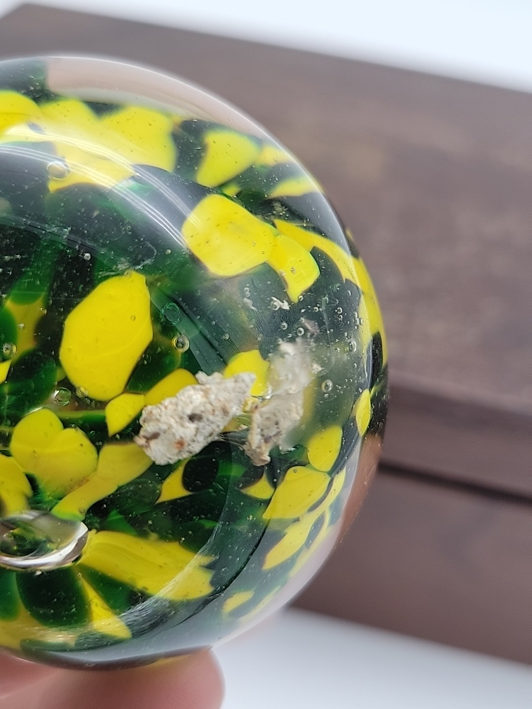 READ Art Glass Paperweight in Green and Yellow 2.25″