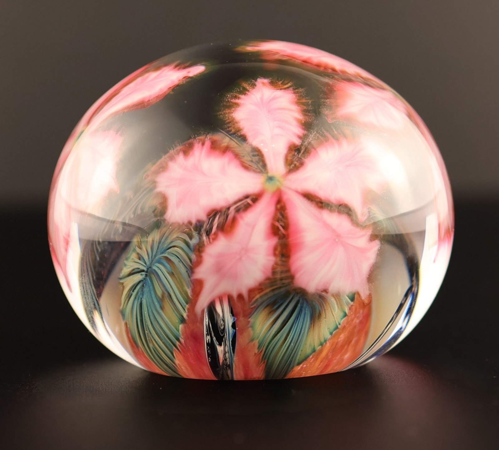 John Lotton 1991 Clematis Art Glass Paperweight Signed Pink Floral Studio Glass