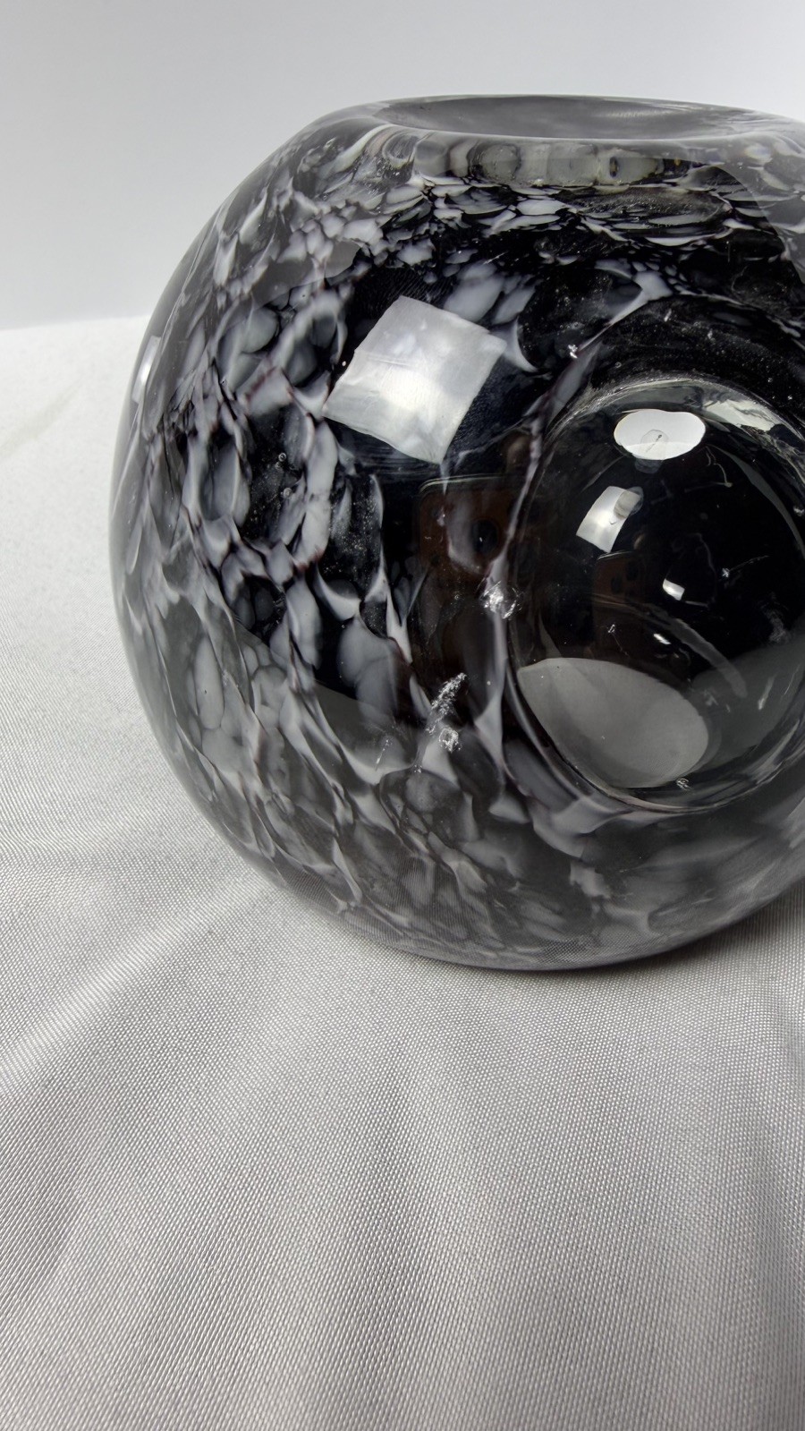 Blown Glass Black and White Globe Vase/Candle Holder with Clear Orbs 4″ Tall