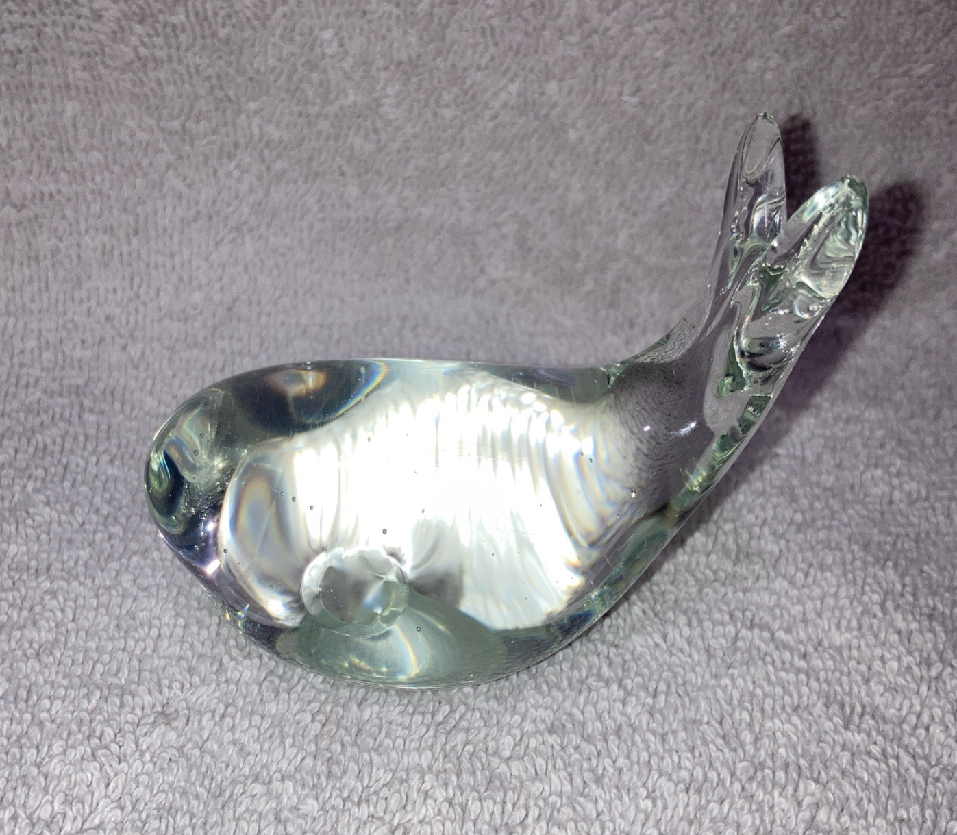 Hand Blown Clear Art Glass Whale Paperweight 3 In x 2.5 In Heavy Collector Piece