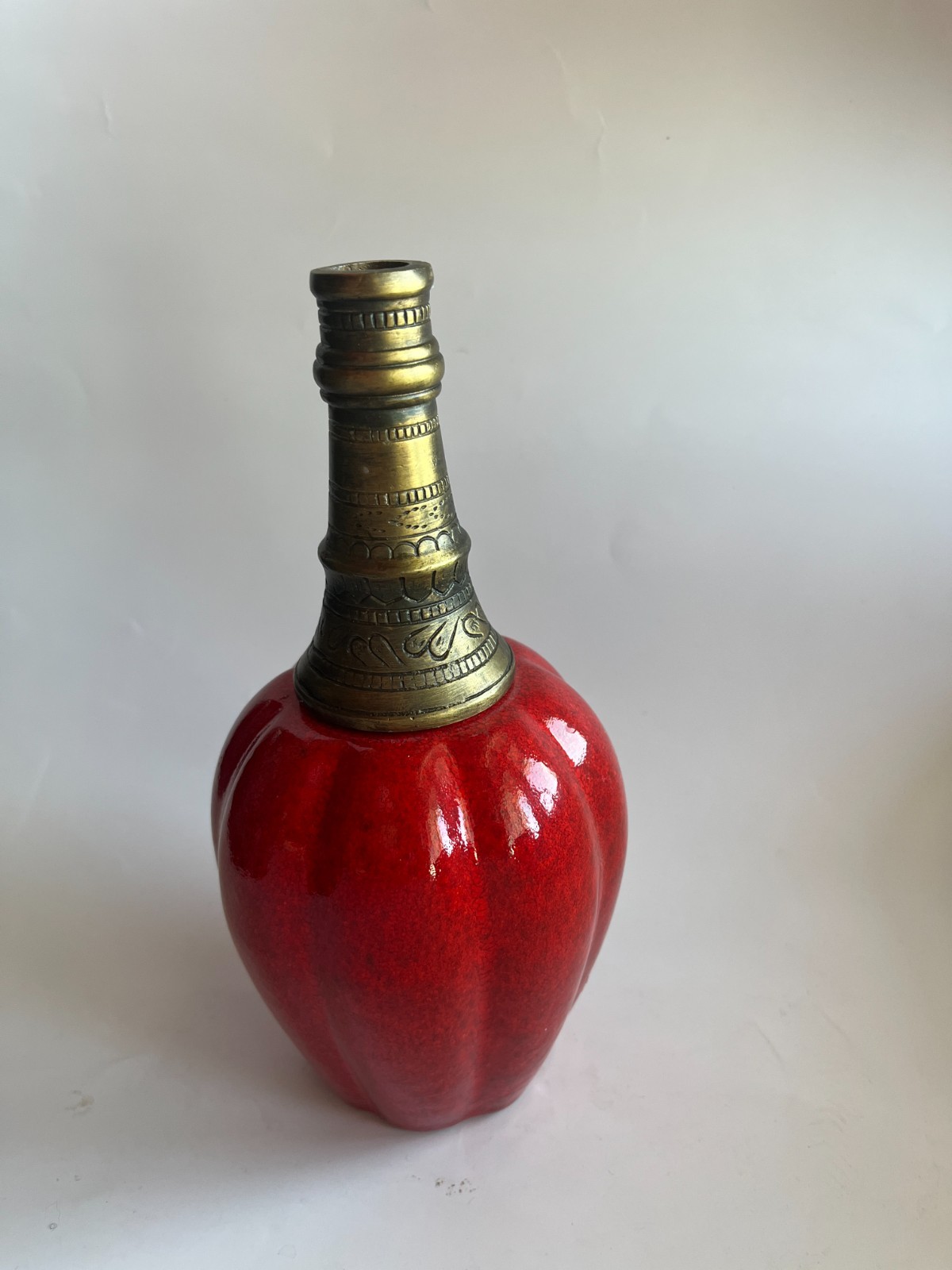 Vintage Red Ceramic Vase Brass Neck India Decorative Mid Century Style