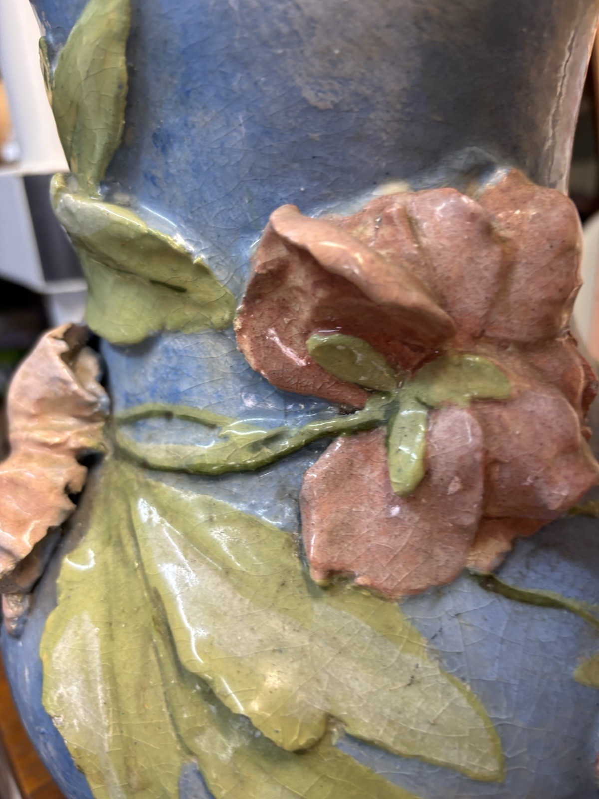 Antique Barbotine Majolica French Floral Vase