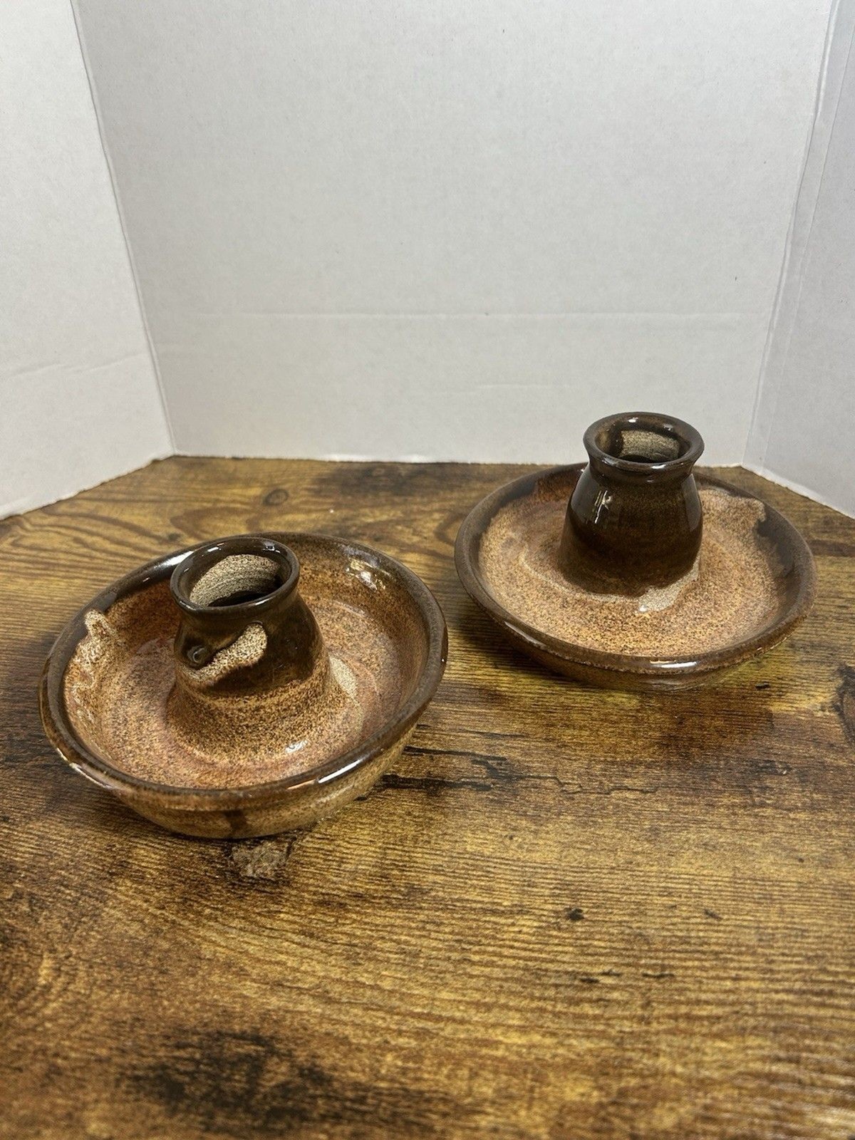 Willow Tree Pottery Candle Holders Set Rustic Brown Glaze Cartersville Georgia