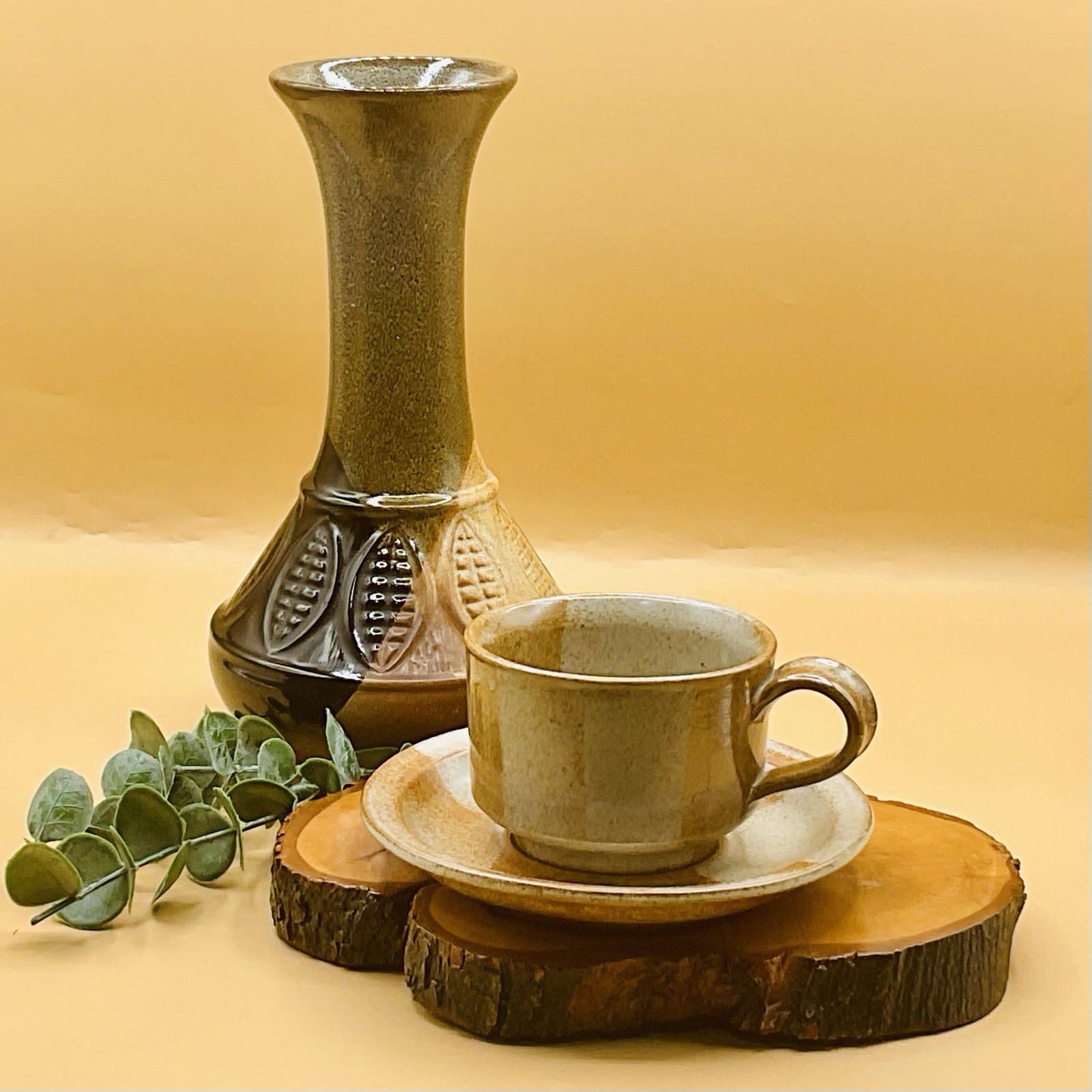 Pottery Craft Stoneware 10” Vase + Iron Mountain Cup Saucer Lot Of 3 Pcs.*