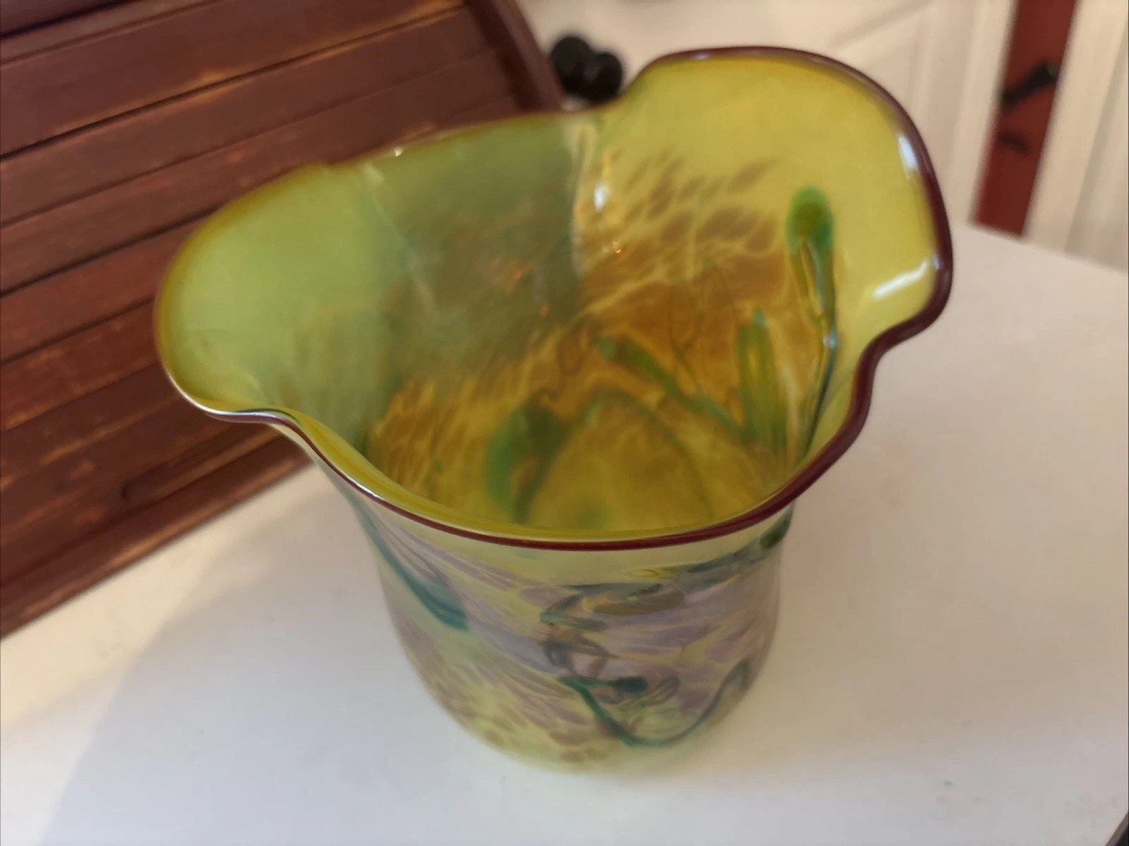 Beautiful Vintage Lime Green/Golden Art Glass Vase Amazing Color Swirls